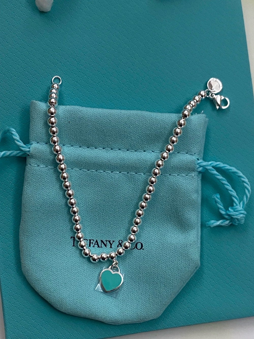 Tiffany & Co. Silver Bead Bracelet with Turquoise Heart Enamel Charm